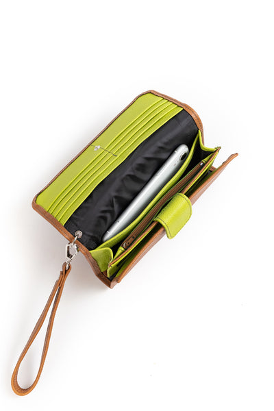Billetera Petra <br/> Camel con verde limón