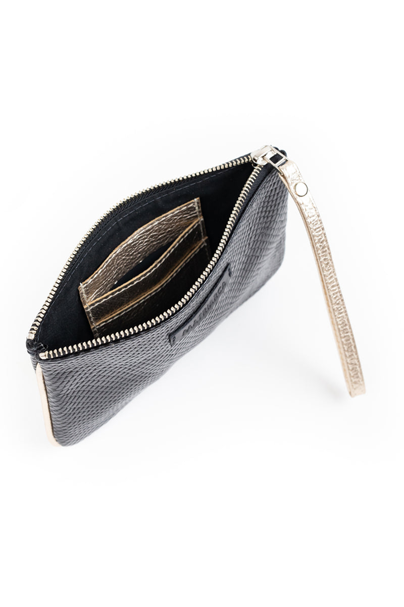 Mini Clutch<br/> Negro texturado con dorado